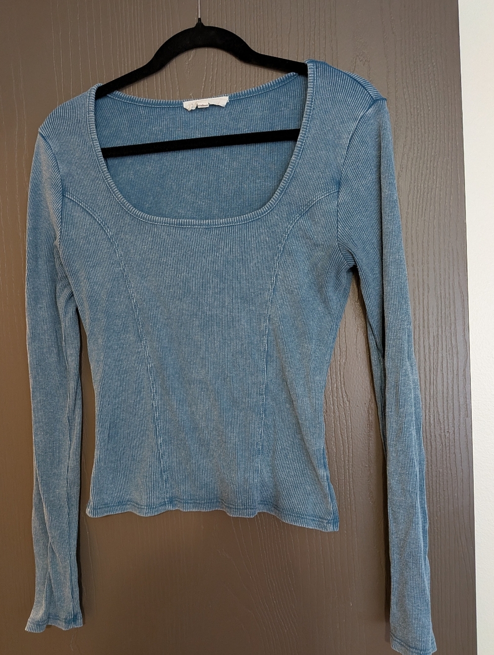 Long Sleeve Square Neck Ribbed Top - Distressed Blue